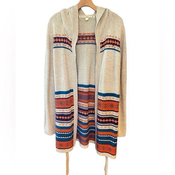 Chelsea & Violet L Beige Aztec Southwestern Knit Long Waist Tie Sweater Hoodie - Picture 2 of 8